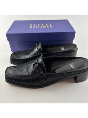 Stuart Weitzman Buxton Leather Mule Size 10 Black Square Toe Buckle Slip On